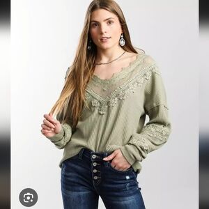 Daytrip Sage Green Crochet Lace V-Neck Waffle Knit Top